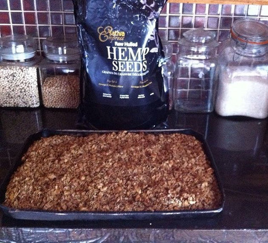 Homemade ZypChick hemp granola cooling on the counter 