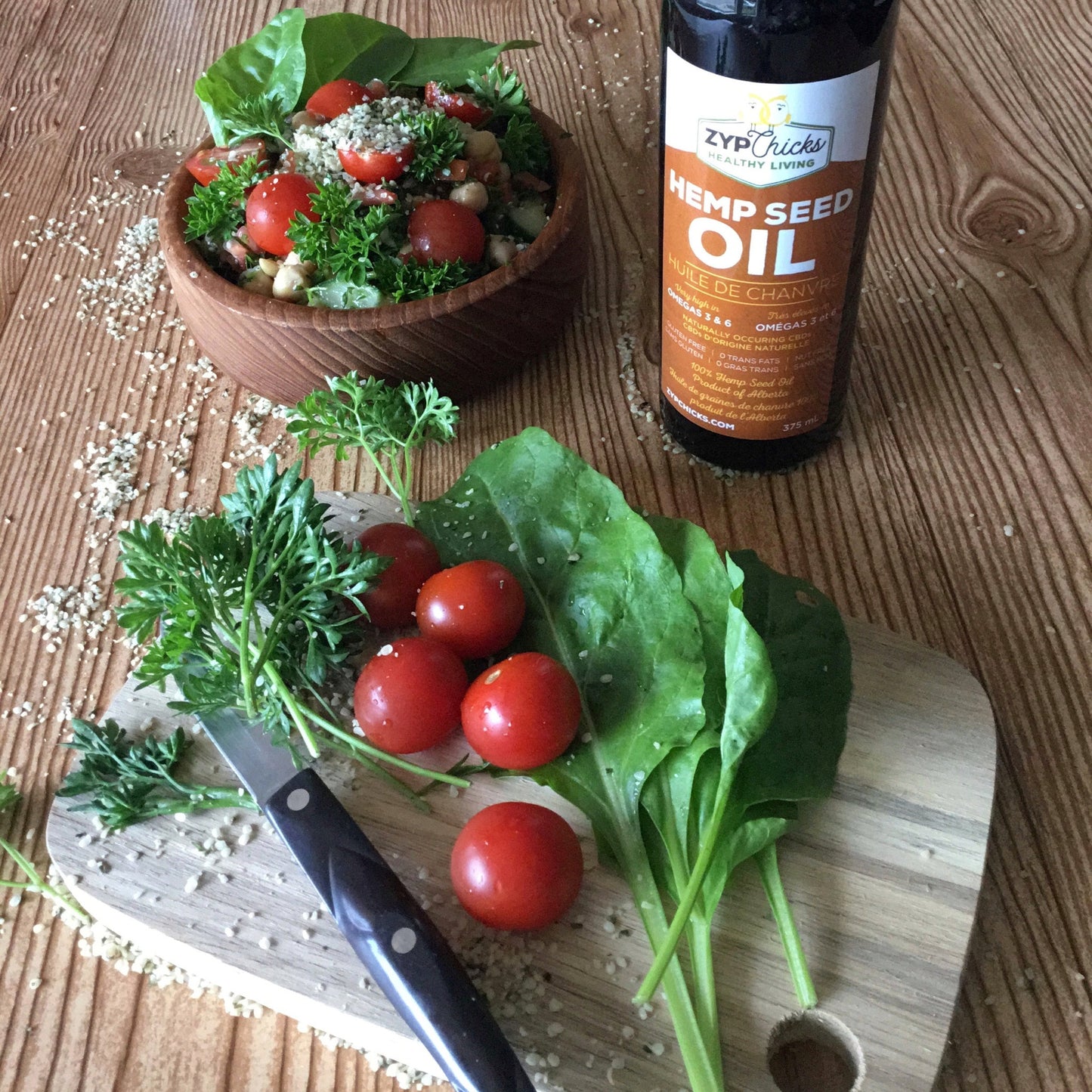 ZypChicks extra-virgin cold-pressed hemp oil and a fresh garden salad