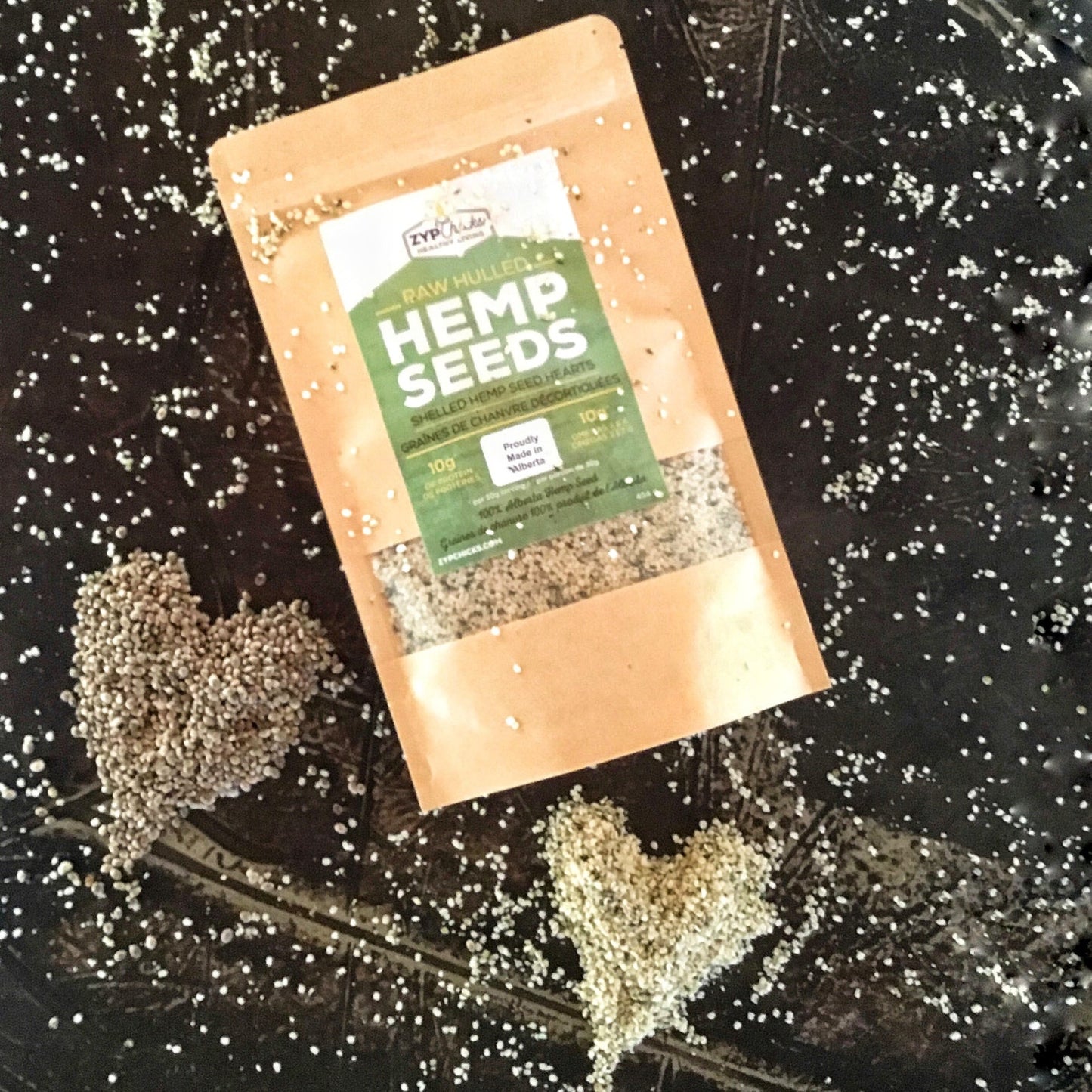 ZypChicks bag of hemp hearts - proudly made in Alberta.