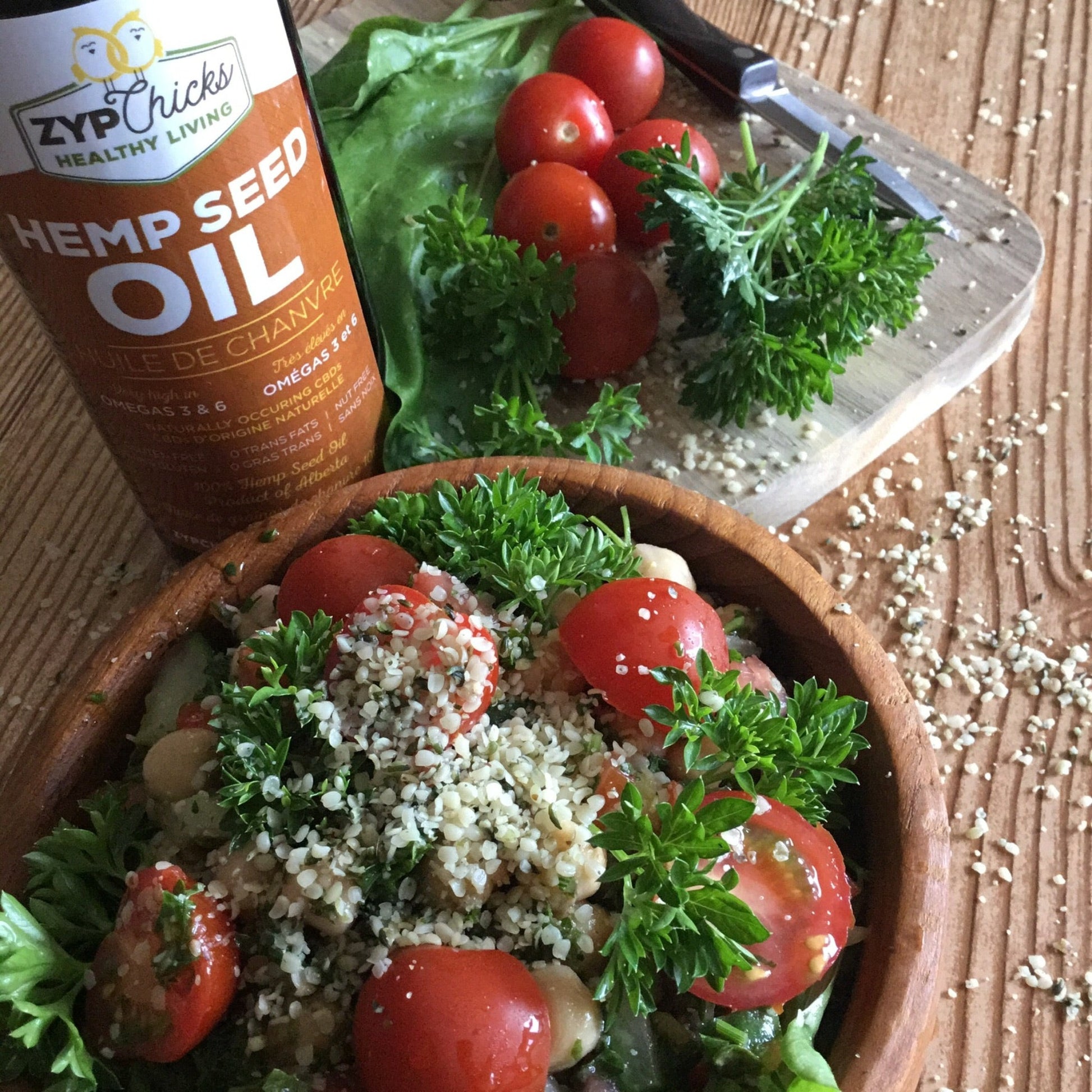 ZypChicks cold-pressed extra-virgin hemp oil élevâtes any salad